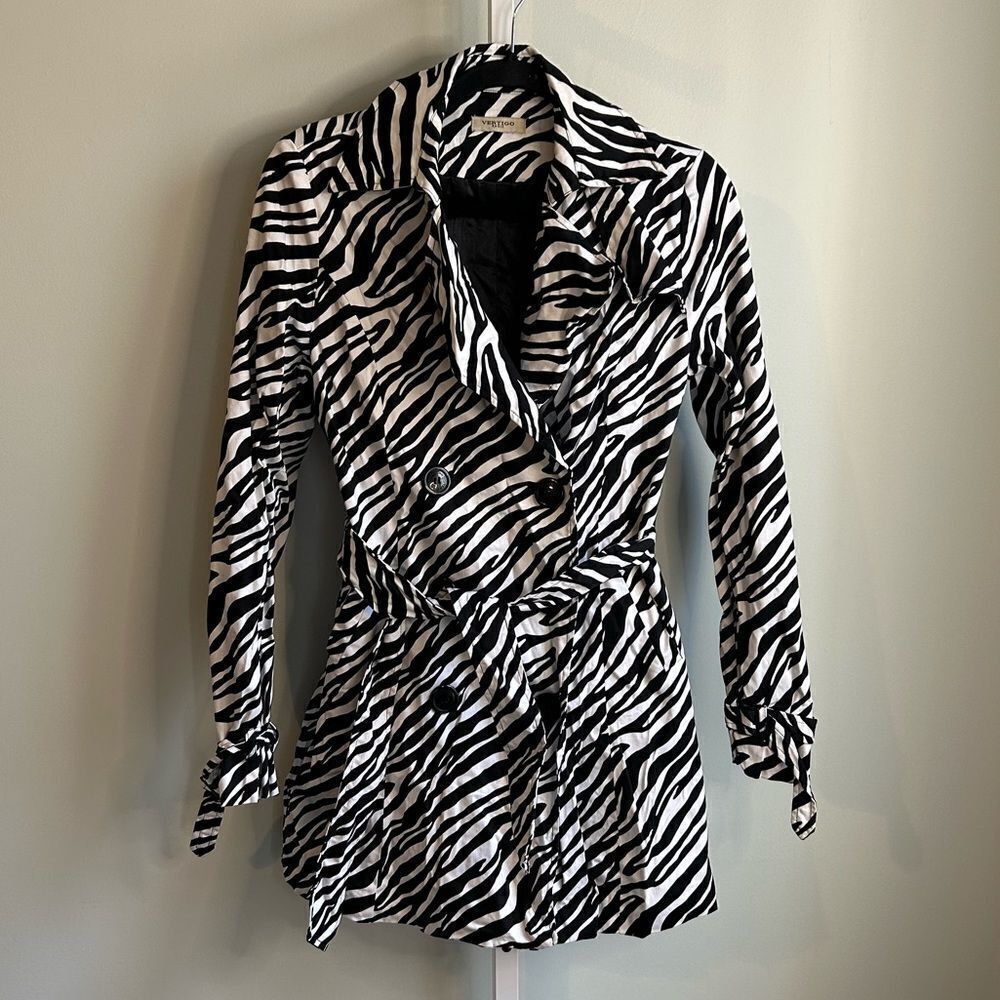 Vertigo Paris Zebra Print Double Breasted Trench with Tie Belt